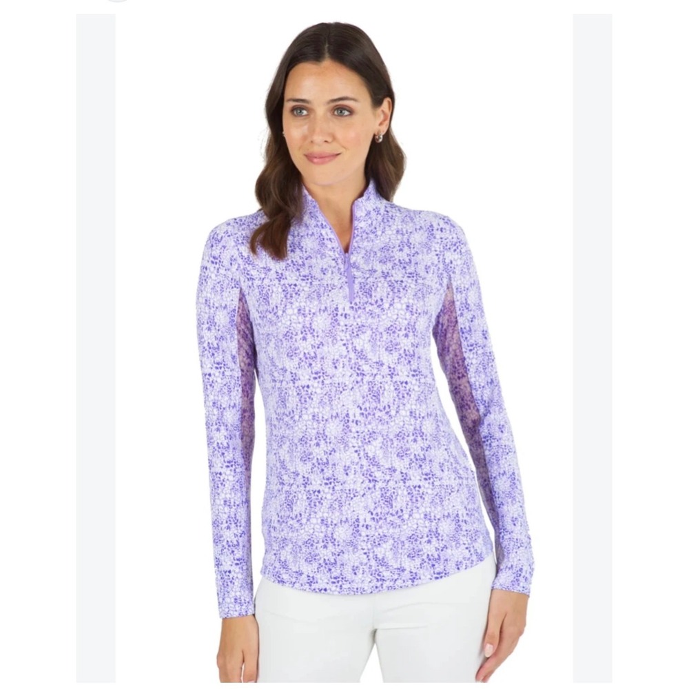 IBKUL Womens XL Purple White Mosaic Print Quarter Zip Sun Shirt UPF 50+ Mesh